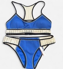Victoria's Secret 2pc Bralette Bikini Set Crochet Trim Racerback Blue/Beige M