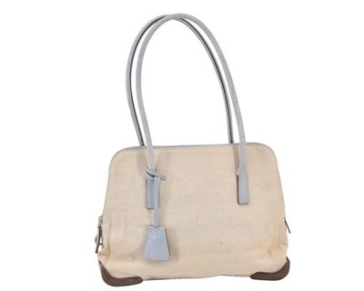 Authentic PRADA Vintage Canvas Leather Shoulder Tote Bag Beige Light Blue 485AB