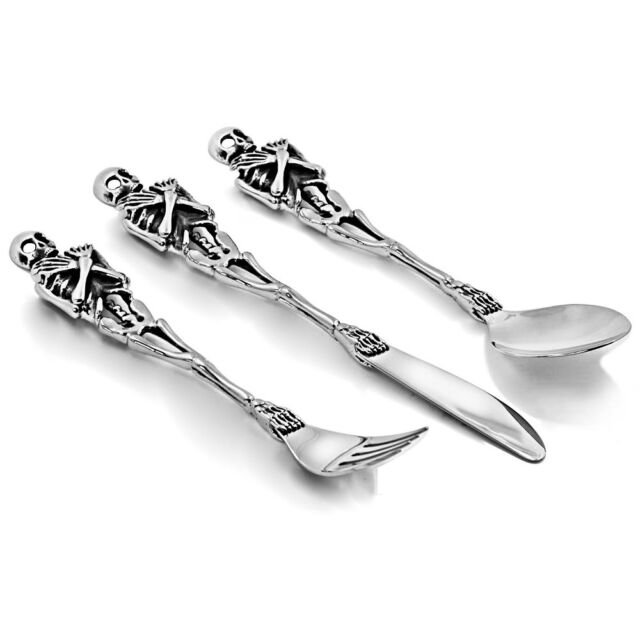 1Pc Stainless Steel Dinnerware Tableware Cutlery Skull Fork Spoon Knife Set Funn