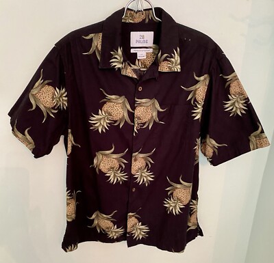 28 Palms Camp/Hawaiian Shirt Men s Size L Black Pineapples 100% Cotton Button Up