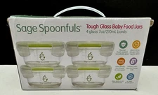 x4 Pack Sage Spoonfuls Tough Glass Baby Food Jars 7oz Bowls w/ Lids