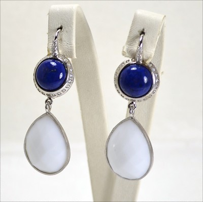 925 SILVER EARRINGS WITH LAPIS WHITE AGATE DROPS AND ZIRCONS AGHT 0342