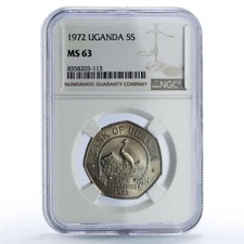Uganda 5 shillings Republic Coinage Crane Birds Fauna MS63 NGC CuNi coin 1972