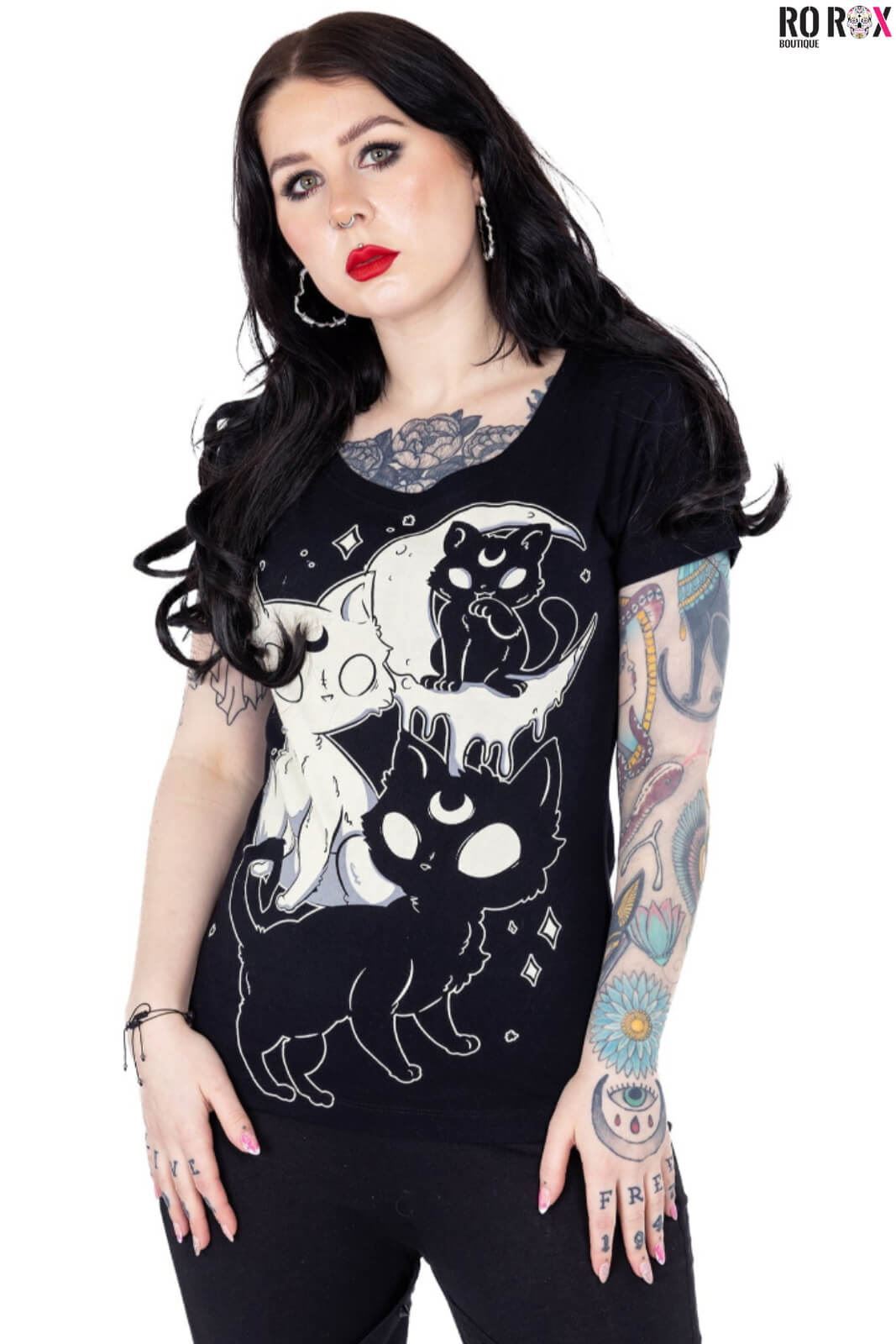 Cupcake Cult Goth T-shirt Midnight Kitty Punk Anime Cartoon Cat Cotton Top