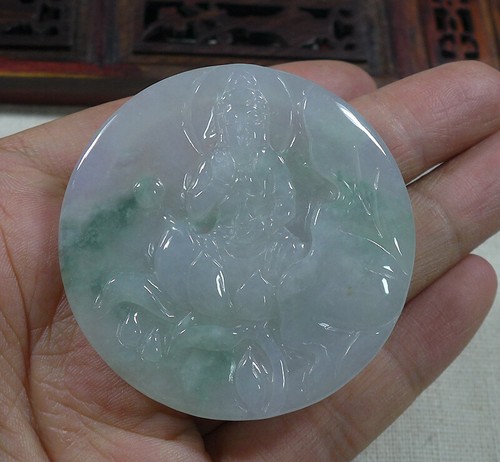 Fine Natural Type A Icy Jadeite Jade Lotus Kwan-yin Pendant - Picture 6 of 9