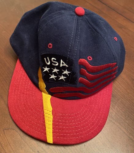 Olympics USA Stars Stripes Flag VTG snapback hat 90s CHAMPION Big Logo All Over