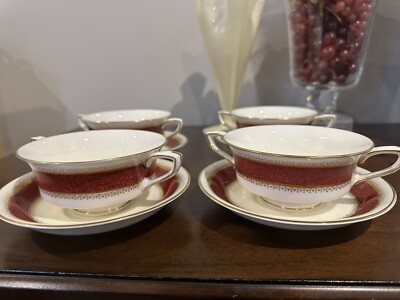 Royal Worcester Belvoir Red Footed Cream Soup And Saucer Set of 4 Most Excellent