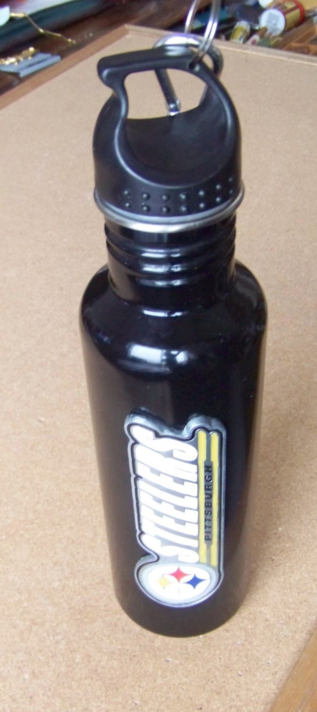 Pittsburgh Steelers pewter emblem metal travel bottle screw on cap belt clip