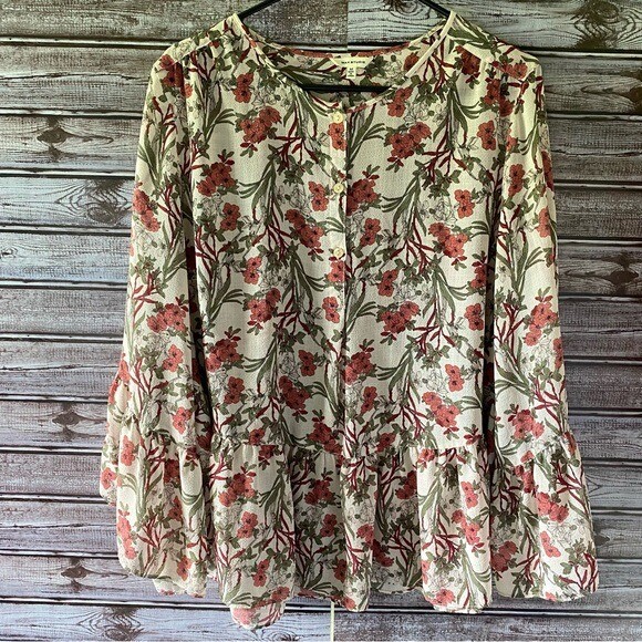 Max Studio Women's Long-Sleeved Popover Blouse Size M Semi-Sheer Floral