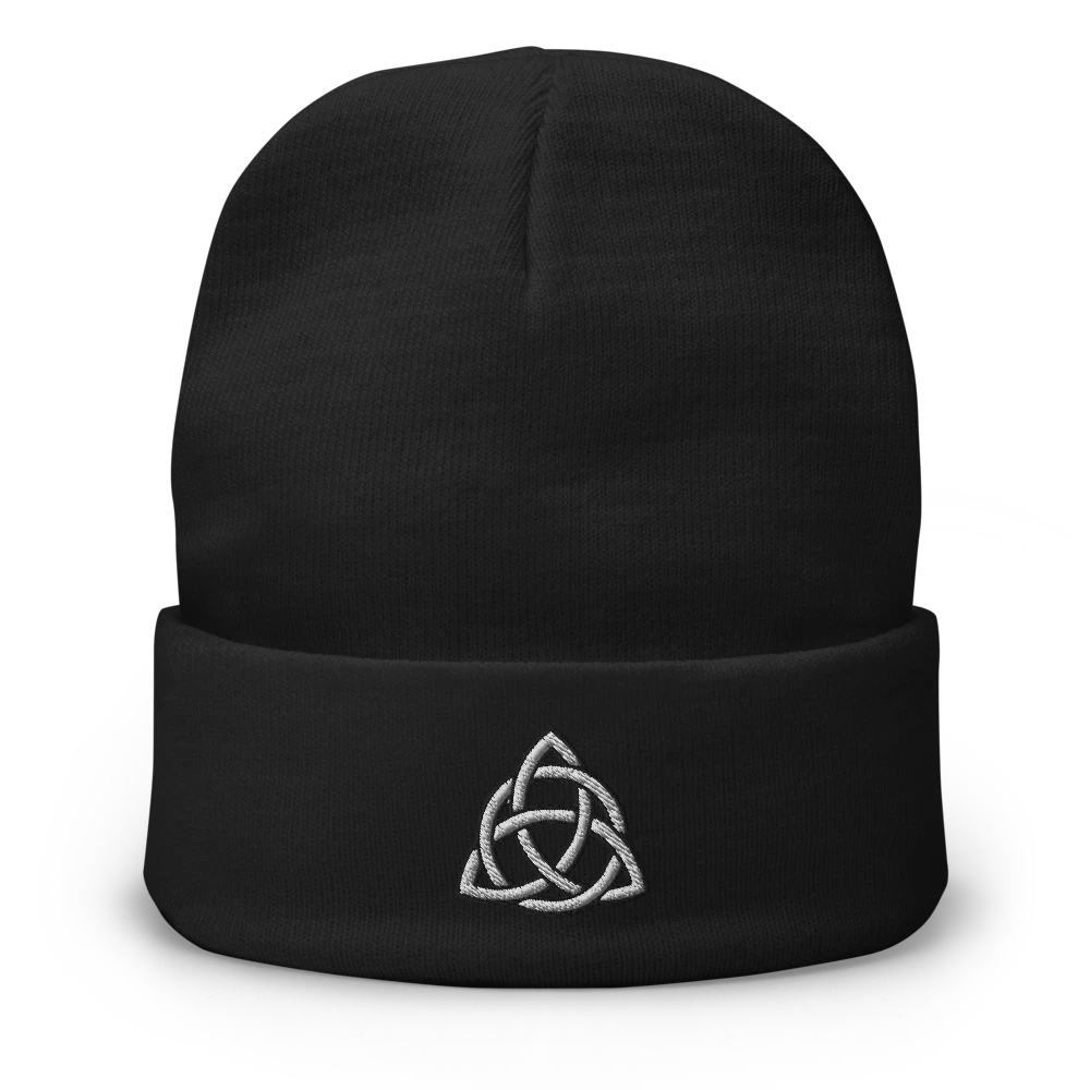 Celtic Triquetra Knot Embroidered Knit Beanie Black or Gray Pagan Wiccan