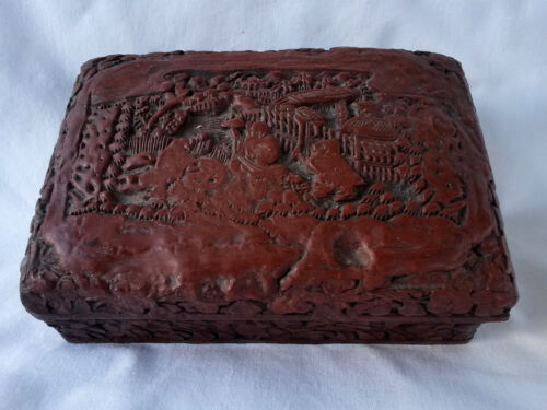 Antique  Chinese Lacquered Carved Cinnabar Box, Deeply Carved, Taoism Symbols