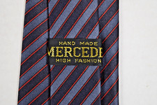 Neck Tie VTG 60s 70s Mercedes Hand Made Navy Blue Blue Red Stripe 53" x 3.5"