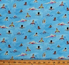 Cotton Swimmers People Swimming Water Summer Blue Fabric Print by Yard D770.09