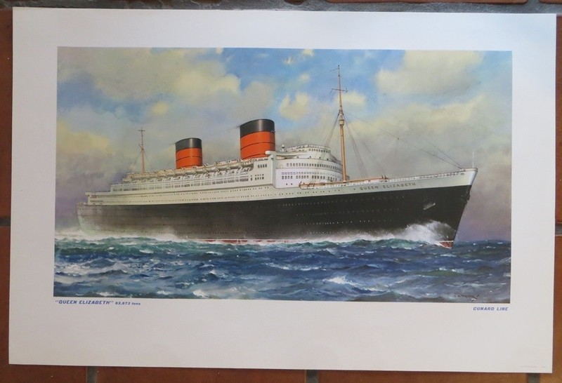 QUEEN ELIZABETH (Cunard) Colorful Lithograph