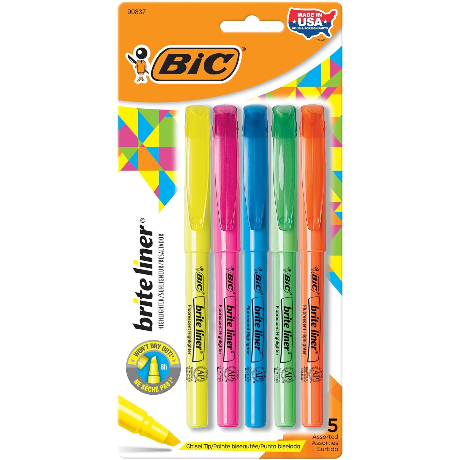 S, Chisel Tip, 5-count Pack Of Highlighters Assorted Colo