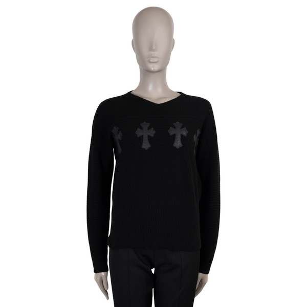 73751 Auth CHROME HEARTS Navy Blue Cashmere LEDER CROSS Sweater M