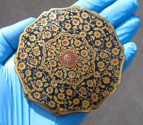 VTG Stratton England Gold Enamel Powder Compact Mirror Floral Art Deco Antique