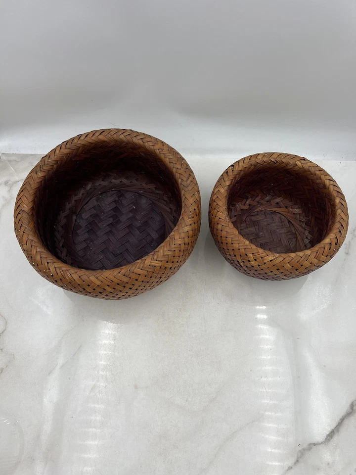 Handwoven Rattan Bamboo Wicker Basket Bowl Set Pair Nesting Boho Decor Round - Image 4 of 4