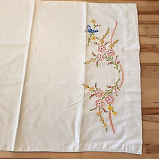 Vintage Embroidered Pillowcase Blue Bird  Flowers - Standard Bed
