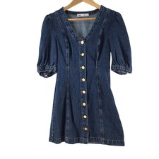 ZARA Dress Womens XS AU 6 Blue Denim V Neck Puff Sleeve Button Mini Short 133716