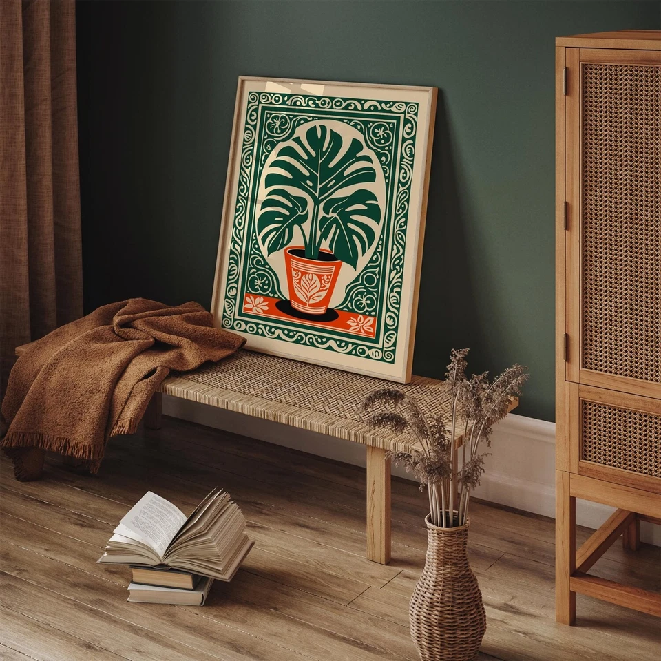 Póster Boho Monstera vintage, impresión de arte de pared de hoja verde, decoración estilo granja Foto 4 de 4