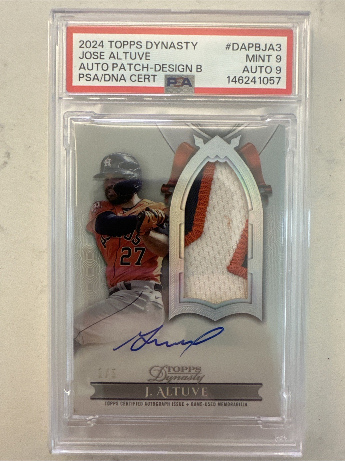 2024 TOPPS DYNASTY AUTOGRAPHED PATCH DESIGN B JOSE ALTUVE 1/5 PSA 9 DNA AUTO 9