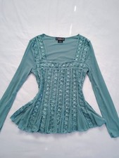Vintage The Pyramid Collection Blue Floral Sheer Mesh Sequin Embroidered Top L