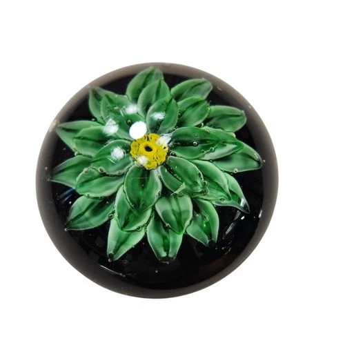 Vintage Murano Style Art Glass Paperweight Lampwork Green Flower 3.25 Succulent
