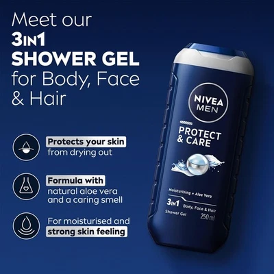 NIVEA MEN Protect & Care Shower Gel 250 ml Moisturising 3-in-1 Body Wash UK