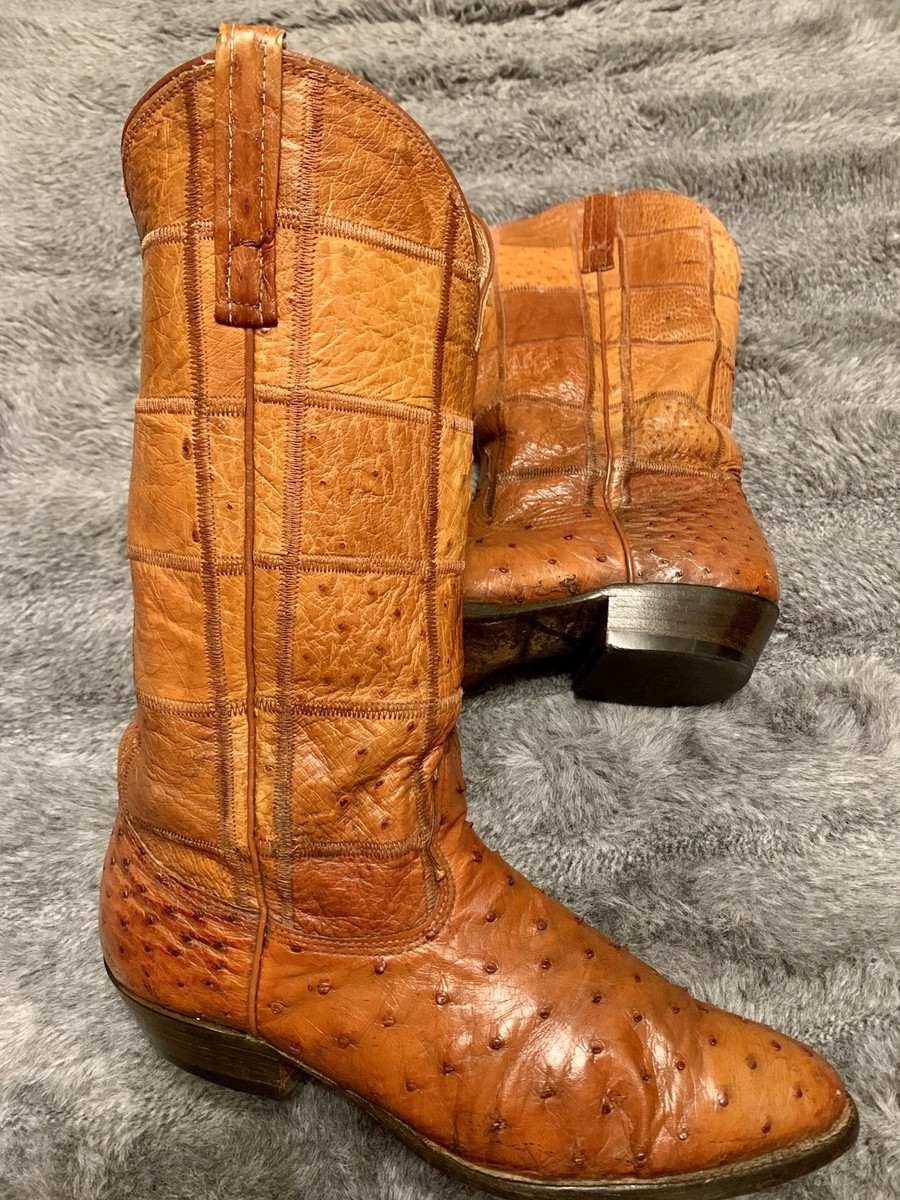 Nocona Boots 9D Ostrich Patchwork Chestnut Western Vintage Classic