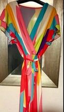Women’s Multicoloured Abstract V-Neck Tie Waist Flutter Sleeve Maxi Dress L/XL