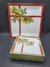 Harry & David Square Holly Ribbon Platter And 4 Dessert Plates 2004 Christmas 