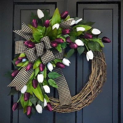 Spring Tulip Wreath Door Hanging Artificial Flower Home Party Decoration