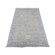 4'1"x6'1" Green Afghan Angora Oushak Leaf Design Hand Knotted Wool Rug 22927