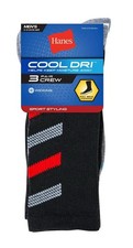 6-12 Size Hanes COOL DRI Men's Crew Socks w/Ventilation 3-Pack Black 5166