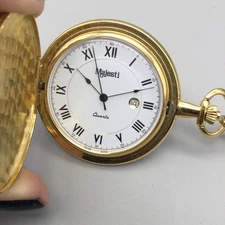 Majesti Pocket Watch Gold Tone Quartz Roman Numerals Date Hunter Case Chain Fob
