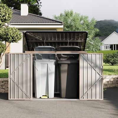 Outdoor Garbage Can Storage Shed Metal Garden Bin Shed Store 2 Trash Cans Yard