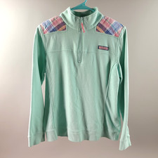 Vineyard Vines Womens Jacket Size Medium Light Green Plaid Detail 1/4 Zip Logo