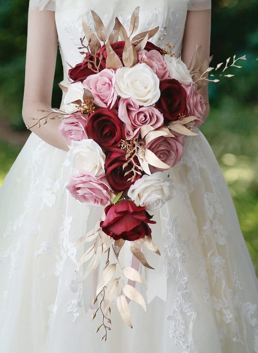 Waterfall Pink Burgundy Ivory Rose Wedding Bouquet for Bride