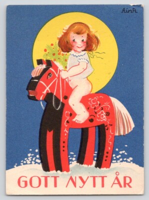 1930 Sweden New Year Postcard AINA Toddler Girl Rides Hobby Horse Full Moon