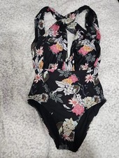 Modcloth Lauren One Piece Plunging Swimsuit Black Floral Bathing Suit Large NWOT