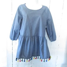New Pleione Top XS Petite Denim Chambray Tassel Fringe Boho Festival