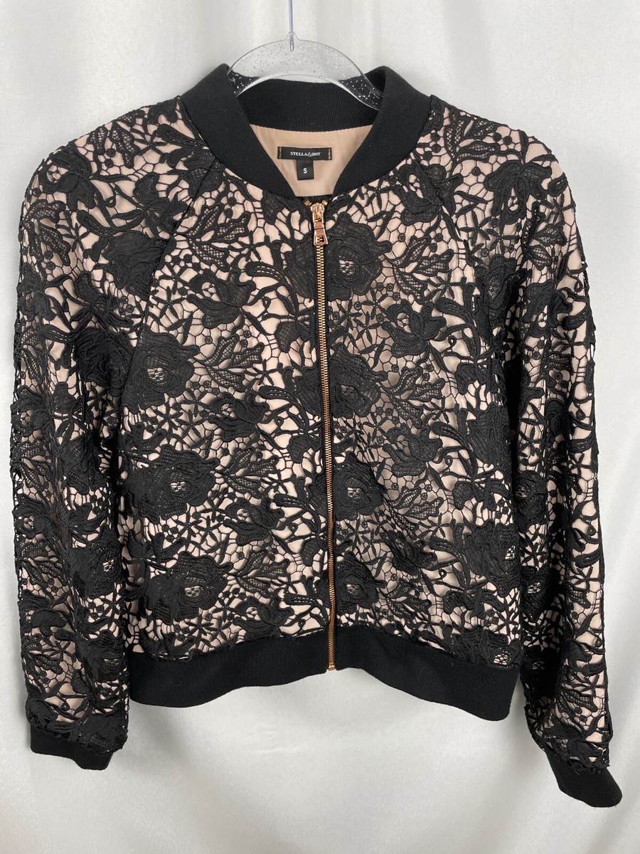 Stella Dot Women's Size Small Zip-Up Fashion Jacket Black Lace On Pink