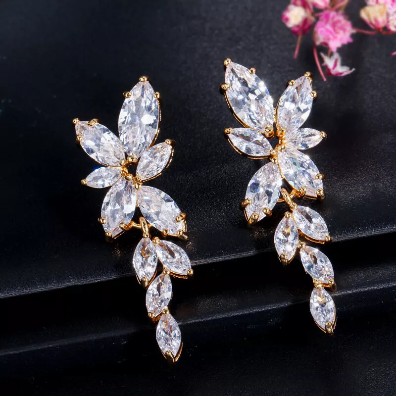 Gold Plated Sterling Silver Cubic Zirconia Marquise Drop Earrings