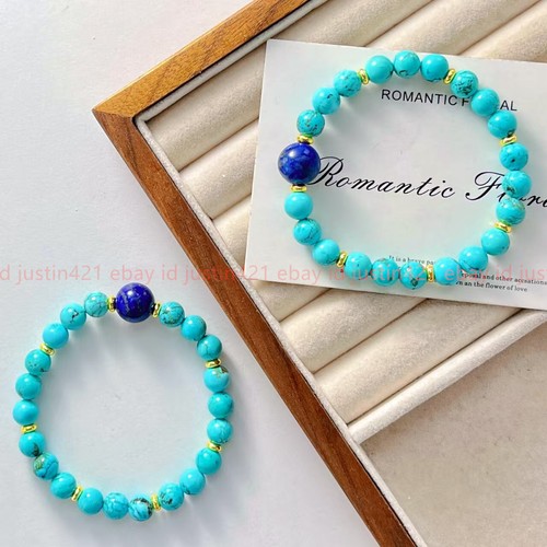 Natural 2 Pcs 8mm Turquoise Lapis Lazuli Gemstone Reiki Healing Bracelet 7.5in - Picture 6 of 12