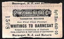 Pennsylvania / Tuckerton 1909 Railroad Ticket Whitings to Barnegat #1508