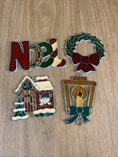 Lot Of 4 Vintage Stained Glass Style Christmas Ornaments Sun Catchers Noel