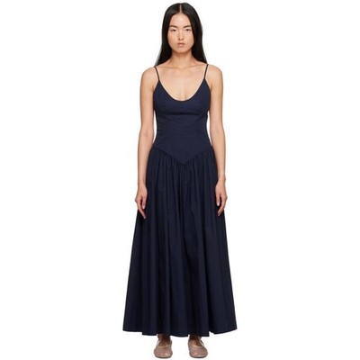 Staud Women's Navy Spaghetti Strap Drop Waist Poplin Dena Maxi Dress Sz 12  NWOT | eBay