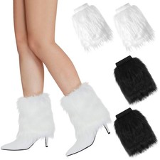 PHOGARY 2 Pairs of Faux Fur Fuzzy Leg Warmers Furry One Size, Black, White