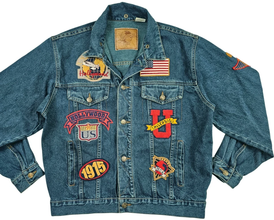 HOT VTG 90-х годов УНИСЕКС универсальный студии большой логотип нашитый 4 Pck джинсовая куртка джинсы M - Изображение 2 из 4